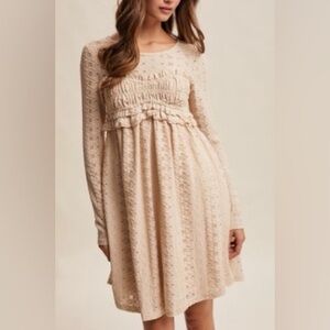 Elegant Cream Lace Long Sleeve Mini Dress